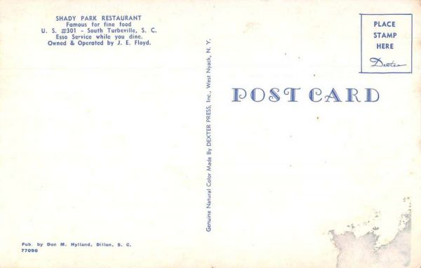 South Tubeville South Carolina Shady Park Restaurant Vintage Postcard JE359756 - Image 2