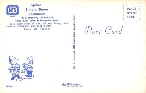 Maryville Tennessee Spike's Simple Simon Restaurant Vintage Postcard JE359757 - Image 2