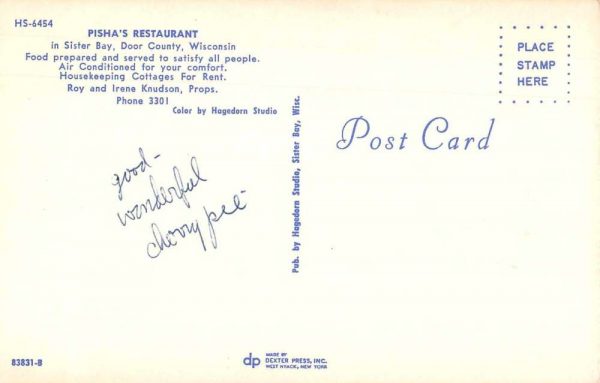 Sister Bay Wisconsin Pisha's Restaurant Vintage Postcard JE359761 - Image 2