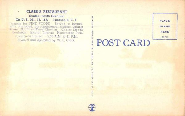 Santee South Carolina Clark's Restaurant Vintage Postcard JE359804 - Image 2