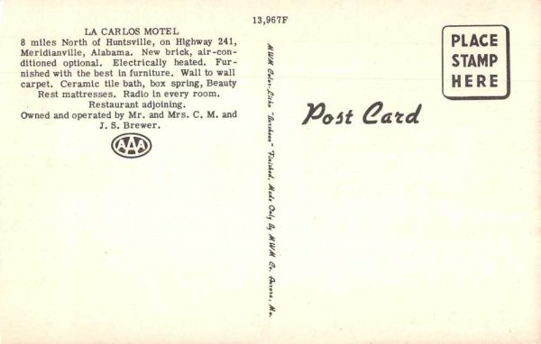 Meridianville Alabama La Carolos Motel Vintage Postcard JE359806 - Image 2