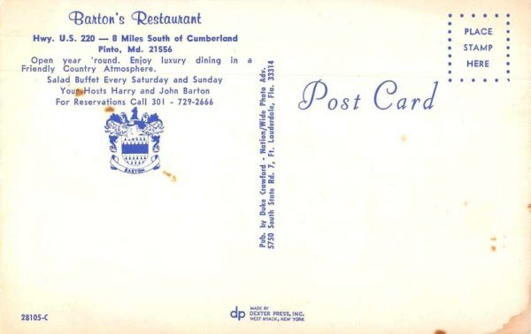 Pinto Maryland Barton's Restaurant Dining Room Vintage Postcard JE359830 - Image 2