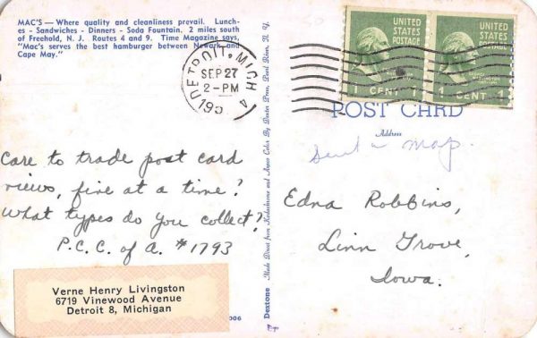 Freehold New Jersey Mac's Restaurant Vintage Postcard JE359850 - Image 2