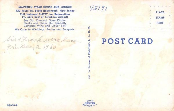 South Hackensack New Jersey Maverick Steak House and Lounge Postcard JE359860 - Image 2