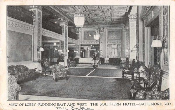 Baltimore Maryland Southern Hotel Lobby Vintage Postcard JE359902