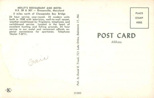 Grasonville Maryland Holly's Restaurant and Motel Vintage Postcard JE359923 - Image 2