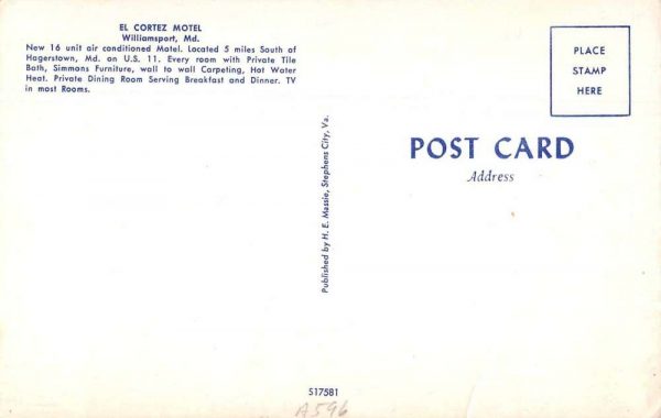 Williamsport Maryland El Cortez Motel Vintage Postcard JE359929 - Image 2