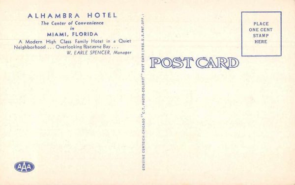Miami Florida Alhambra Hotel Art Deco Vintage Postcard JE359940 - Image 2