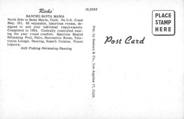 Santa Maria California Ricks Rancho Santa Maria Hotel Vintage Postcard JE359942 - Image 2