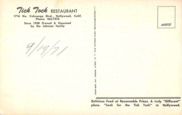 Hollywood California Tick Tock Restaurant Dining Room Vintage Postcard JE359956 - Image 2