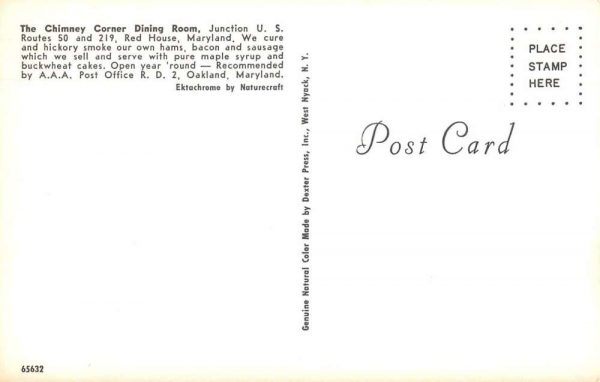 Oakland Maryland Chimney Corner Dining Room Restaurant Postcard JE359957 - Image 2