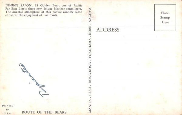 Pacific Far East Line SS Golden Bear Dining Salon Steamer Postcard JE359982 - Image 2
