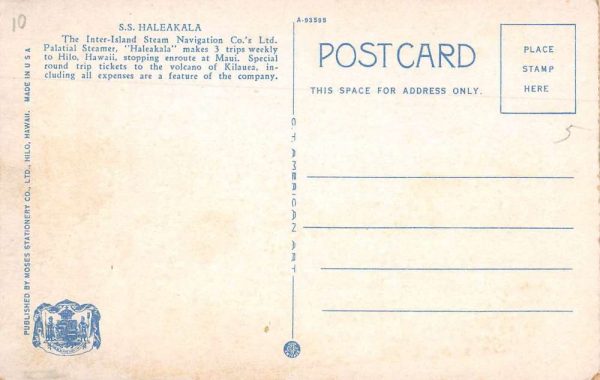 Hawaii SS Haleakala Inter Island Steam Navigation Co Steamship PC JF360047 - Image 2