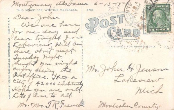 Montgomery Alabama Post Office Trolley Vintage Postcard JF360099 - Image 2
