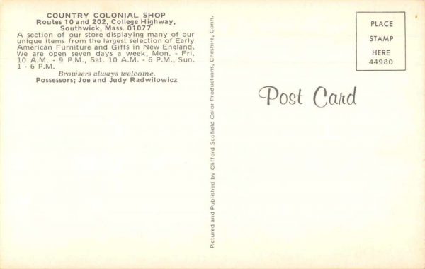 Southwick Massachusetts Country Colonial Shop Interior Vintage Postcard JF360152 - Image 2