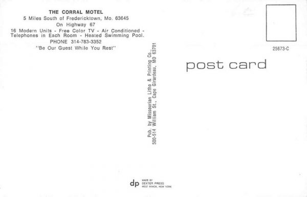 Fredericktown Missouri The Corral Motel Vintage Postcard JF360159 - Image 2
