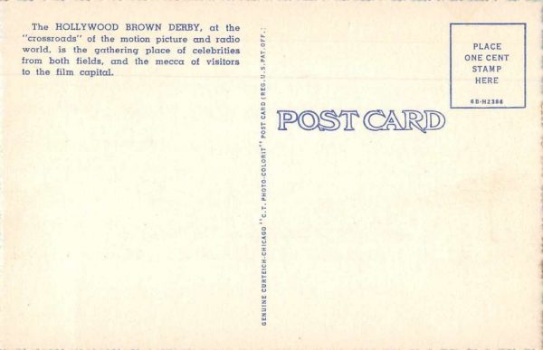 Hollywood California Brown Derby Restaurant Vintage Postcard JF360167 - Image 2