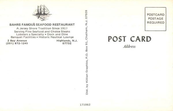 Highlands New Jersey Bahrs Seafood Restaurant Ship at Dock Postcard JF360200 - Image 2
