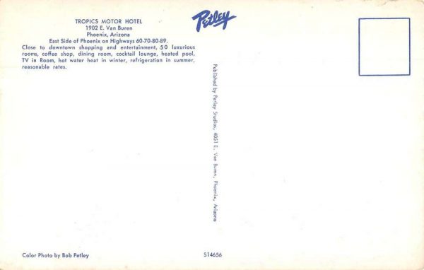 Phoenix Arizona Tropics Motor Hotel Vintage Postcard JF360203 - Image 2