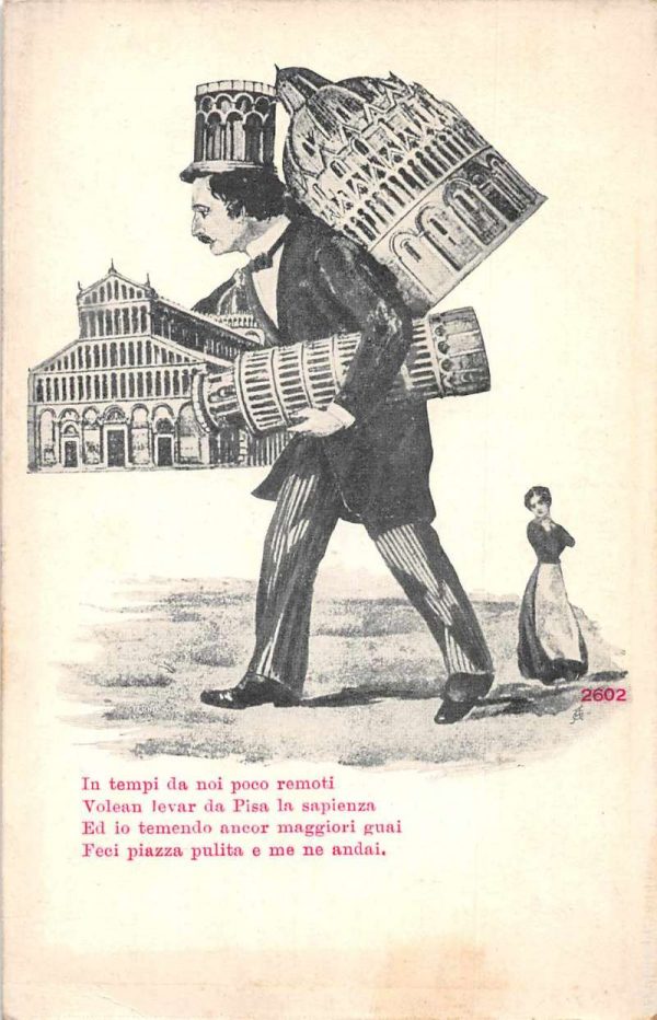 Pisa Italy Man Holding Buildings Exaggeration Comic Postcard JF360346