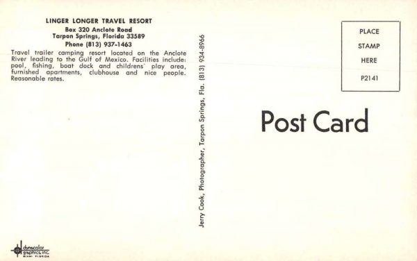 Tarpon Springs Florida Linger Longer Travel Resort Vintage Postcard JF360367 - Image 2