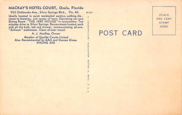 Silver Springs Florida Mackay's Hotel Court Linen Vintage Postcard JF685002 - Image 2