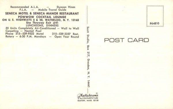Waterloo New York Seneca Motel and Manor Restaurant Vintage Postcard JF685004 - Image 2