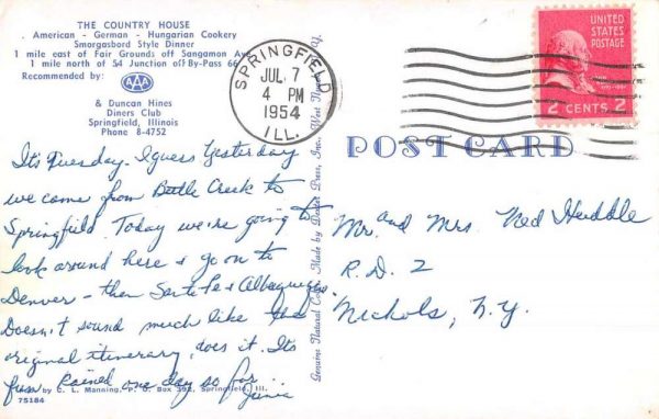 Springfield Illinois The Country House Restaurant Vintage Postcard JF685005 - Image 2