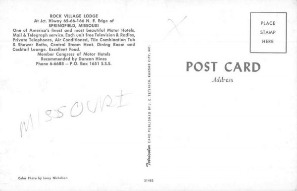 Springfield Missouri Rock Village Lodge Vintage Postcard JF685008 - Image 2