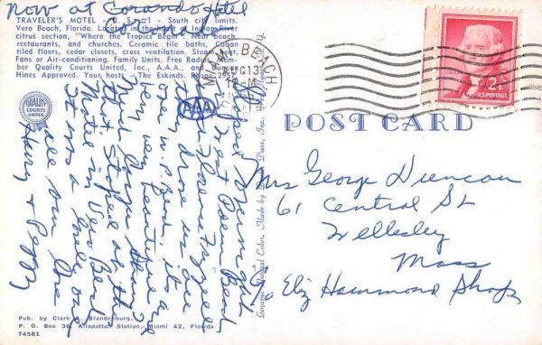 Vero Beach Florida Traveler's Motel Vintage Postcard JF685009 - Image 2