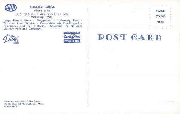 Vicksburg Mississippi Hillcrest Motel Vintage Postcard JF685010 - Image 2