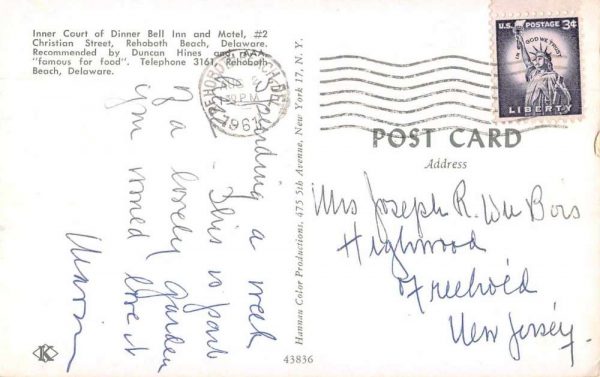 Rehoboth Beach Delaware Dinner Bell Inn and Motel Courtyard Postcard JF685015 - Image 2