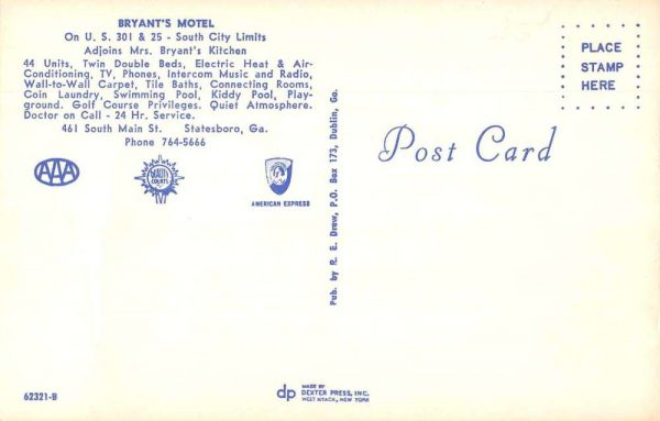 Statesboro Georgia Bryant's Motel Swimming Pool Vintage Postcard JF685020 - Image 2