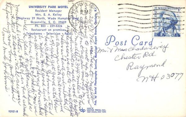 Greenville South Carolina University Park Motel Vintage Postcard JF685022 - Image 2
