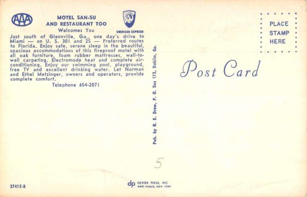 Glennville Georgia Motel San-Su and Restaurant Too Vintage Postcard JF685051 - Image 2