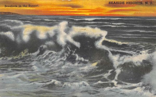 Seaside Heights New Jersey view of breakers in sunset linen antique pc ZA441266