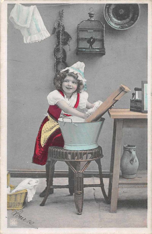 Little Girl Doing Laundry Crow in Bird Cage Vintage Postcard JF685104