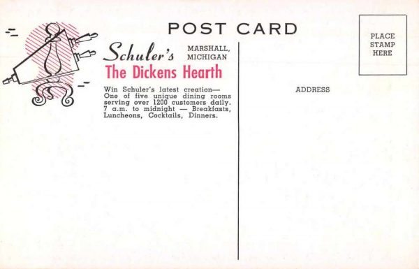 Marshall Michigan Shuler's Restaurant Dickens Hearth Vintage Postcard JF685134 - Image 2