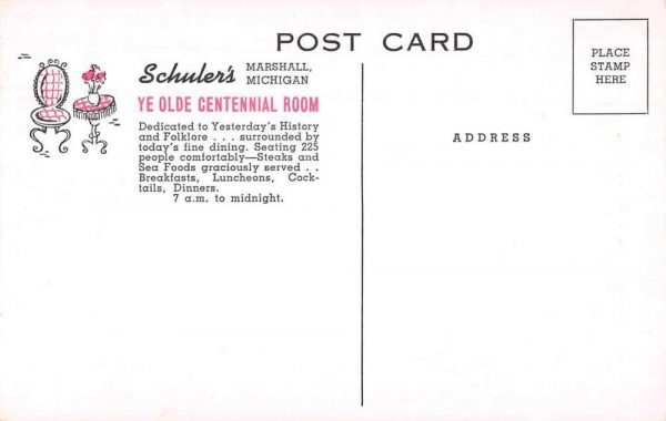 Marshall Michigan Shuler's Restaurant Ye Olde Centennial Room Postcard JF685135 - Image 2