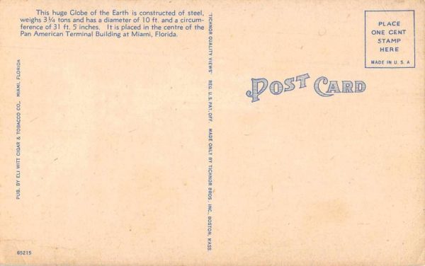 Miami Florida Pan American Airways Terminal Globe Postcard JF685138 - Image 2