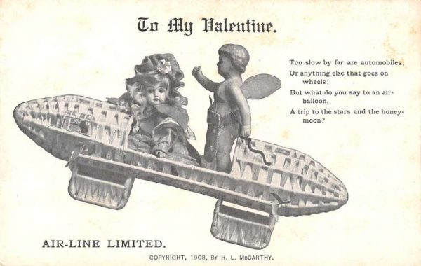 Valentines Greetings Air Line Limited Dirigible Dolls Cupid Postcard JF685199