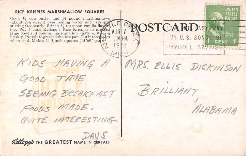 Kellogg's Rice Krispies Marshmallow Squares Recipe Vintage Postcard JF685226 - Image 2