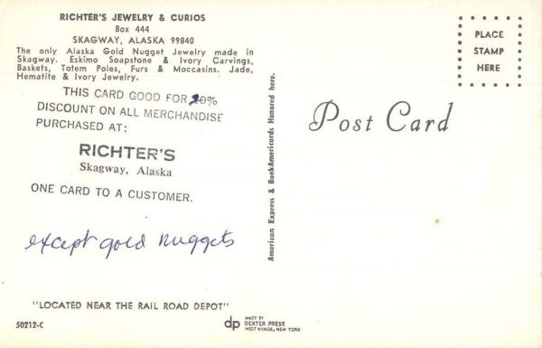 Skagway Alaska Richter's Jewlery and Curios Vintage Postcard JF685233 - Image 2