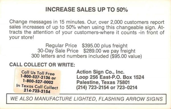 Palestine Texas Action Sign Co Advertising Vintage Postcard JF685250 - Image 2