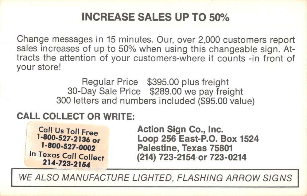 Palestine Texas Action Sign Co Advertising Vintage Postcard JF685250 - Image 2