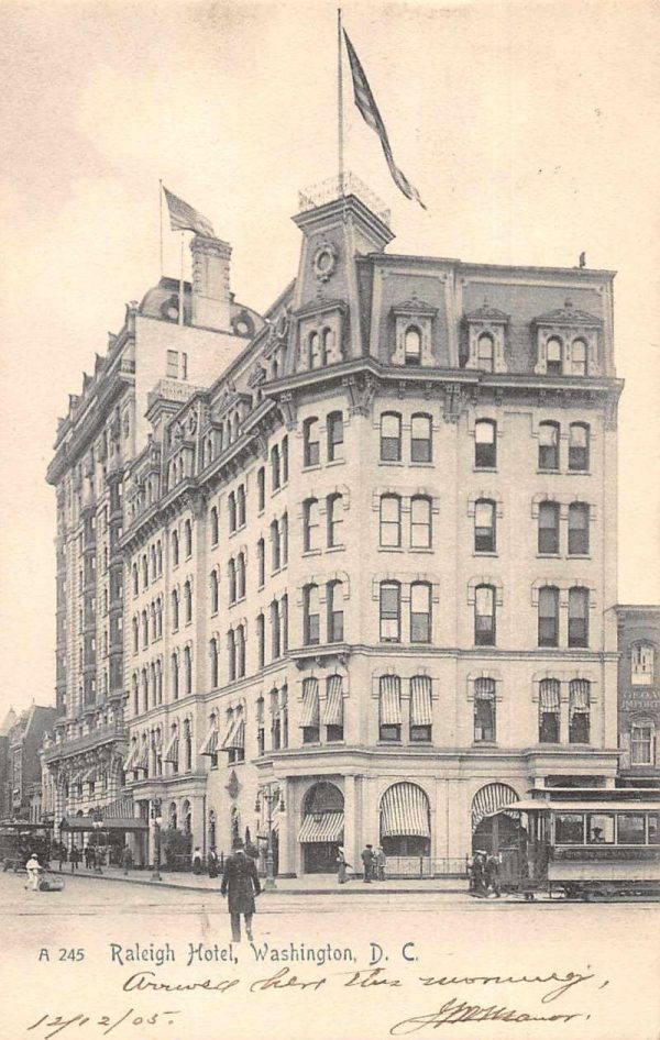 Washington DC Raleigh Hotel and Trolley Vintage Postcard JF685258