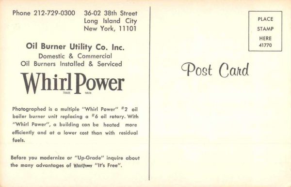 Long Island City New York Whirl Power Oil Burner Advertising Postcard JF685260 - Image 2