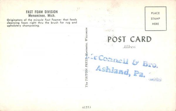 Menominee Michigan Fast Foam Division Rug Carpet Shampoo Ad Postcard JF685305 - Image 2