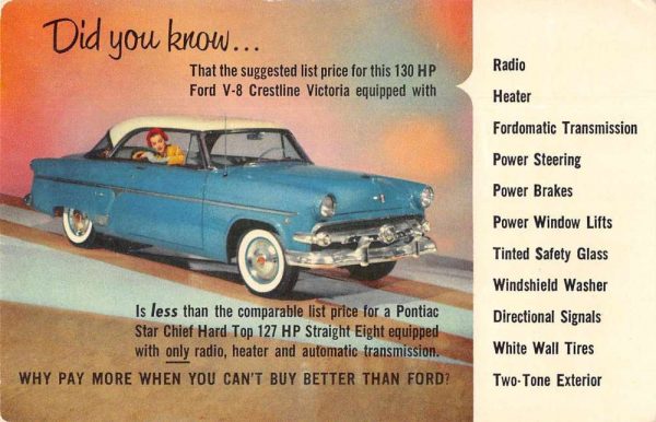 1954 Ford V-8 Crestline Victoria Auto Advertising Vintage Postcard JF685306