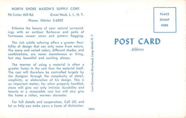 Great Neck Long Island New York North Shore Mason's Supply Ad Postcard JF685309 - Image 2